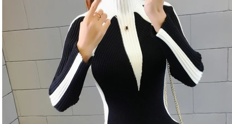 Autumn Winter Turtleneck Contrasting Colors Spliced Sweaters Female Fashion Office Lady Warm Knitted Jumpers Women's Clothing