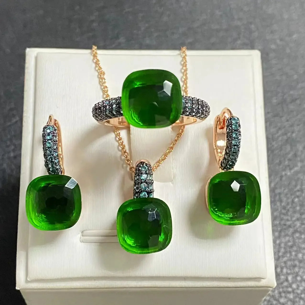 3Pcs Gun Black Plated Blue Zircon Jewelry Set for Women Includes Ring Earrings Necklace Elegant Crystal Blue Topaz Matching Gift