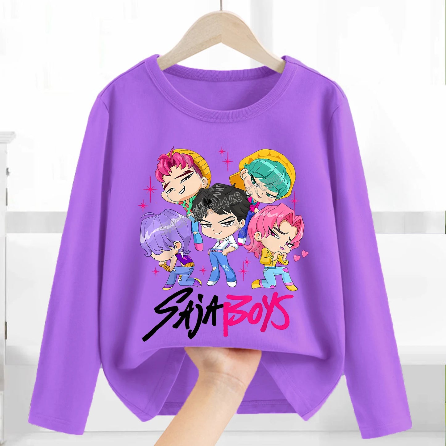 Kpop Demon Hunters Long Sleeve for Children Cartoon A-Z Letter Clothing Kids Purple Caftan Clothes Girl Round Collar Blouse Gift