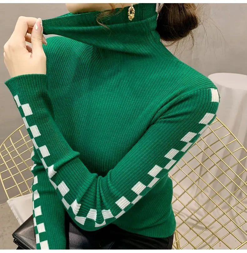 Pile Collar Plaid Bottoming Shirt Female New Autumn Winter Temperament All-match Sweater Interior Lapping Slim Turtleneck Tops