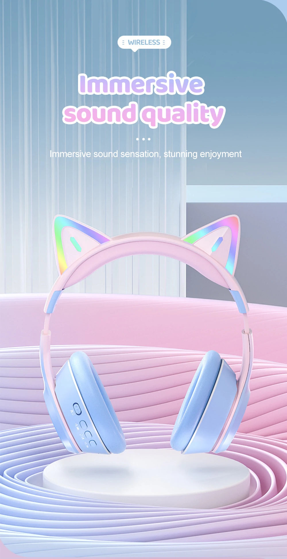 Gradient Wireless Headphones RGB Cat Ear Bluetooth Headphones With Microphone Stereo Music Game Earphone For Girls Kids Gifts