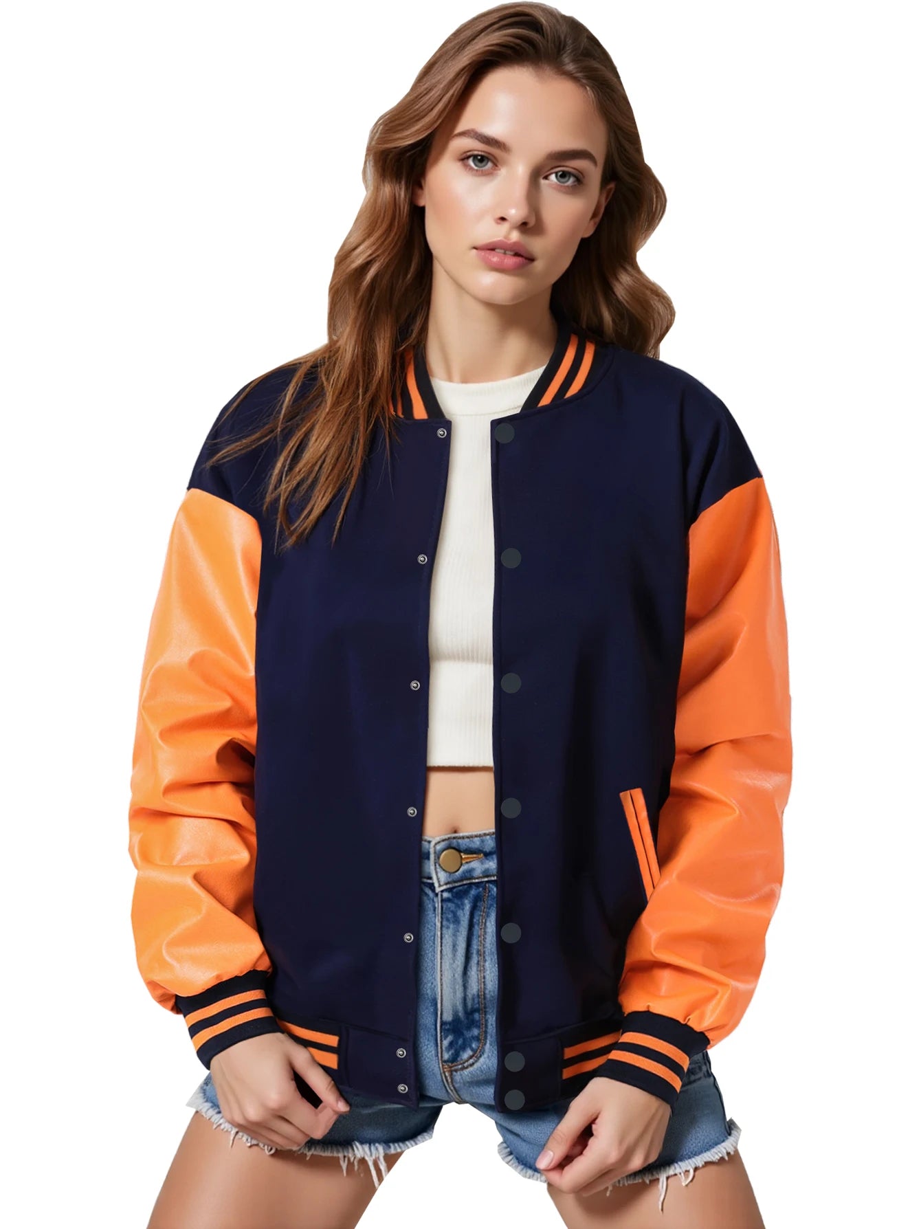 Women's Varsity Jacket with PU Leather Sleeves Fashionable Comfort Design Multiple Colors Available Perfect for Casual Wear