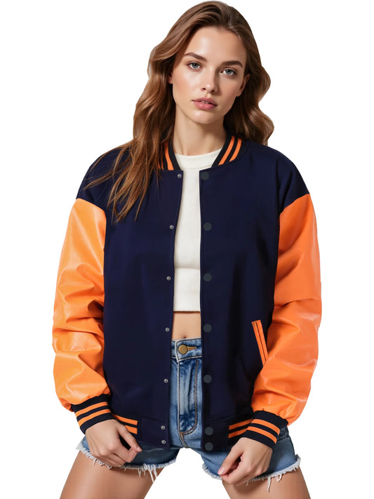 Women's Varsity Jacket with PU Leather Sleeves Fashionable Comfort Design Multiple Colors Available Perfect for Casual Wear