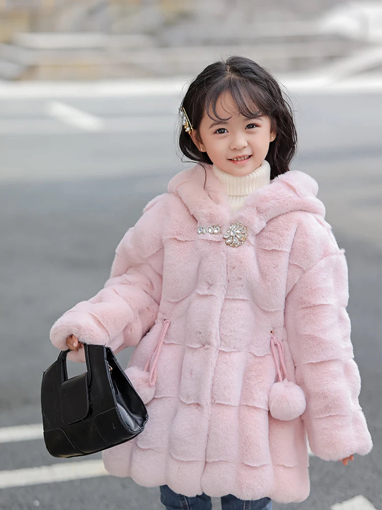Girls Faux Mink Fur Coat Winter Children Girls Long Sleeve Hooded Christmas Jacket Super Warm  Kids Girls Coat Girls Outerwear