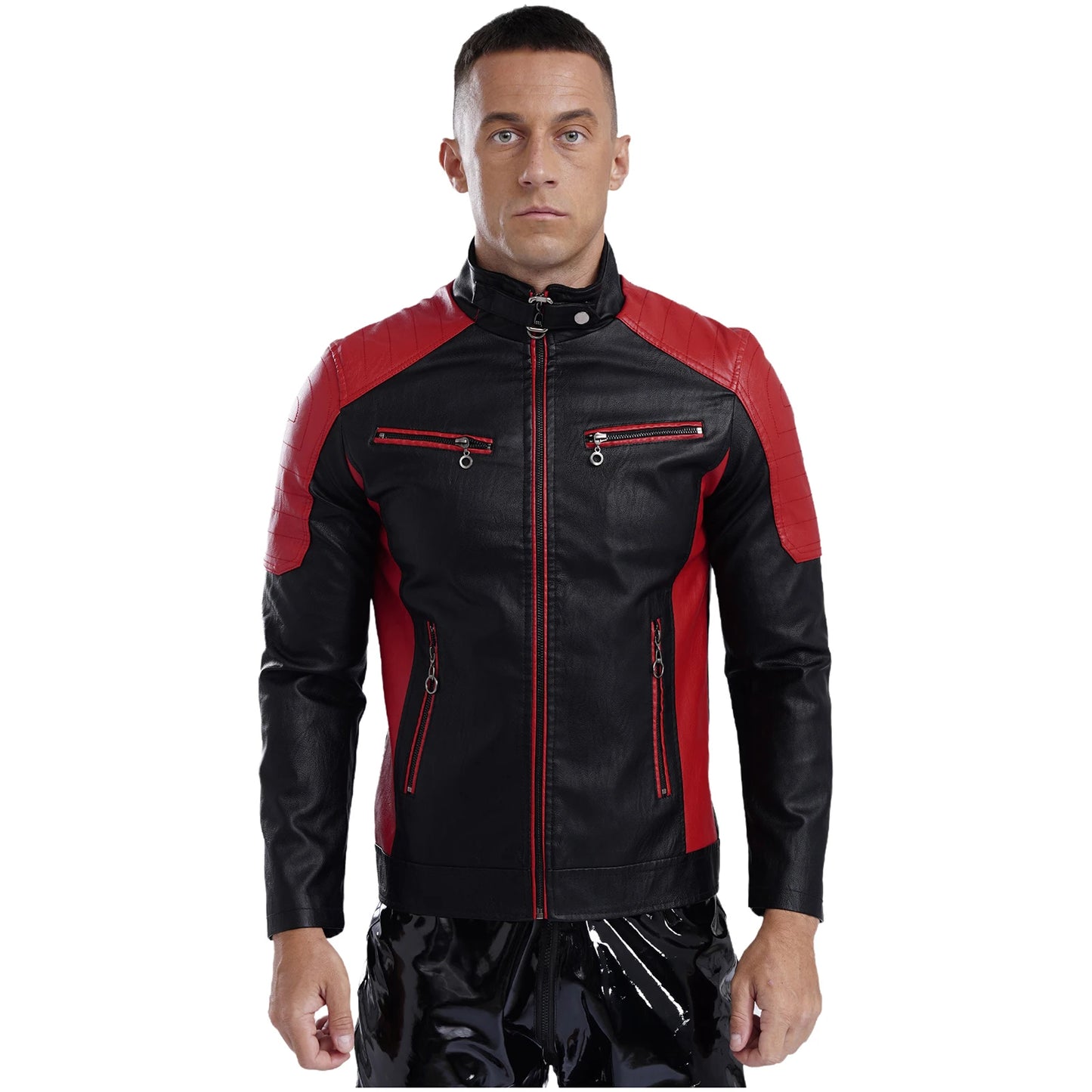 Mens Racing PU Leather Jackets Coat Long Sleeve Front Zipper Outerwear Windproof Motorcycle Biker Racer Bomber Jacket Streetwear