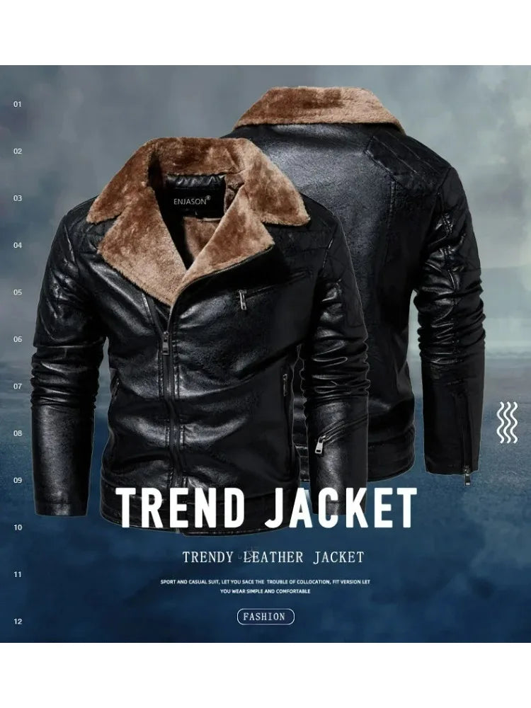 Fashion Warm Winter Mens PU Leather Jacket With Fur Collar Thicken Fleece Motorcycle Coat Casual Faux Leather Locomotive Jacket
