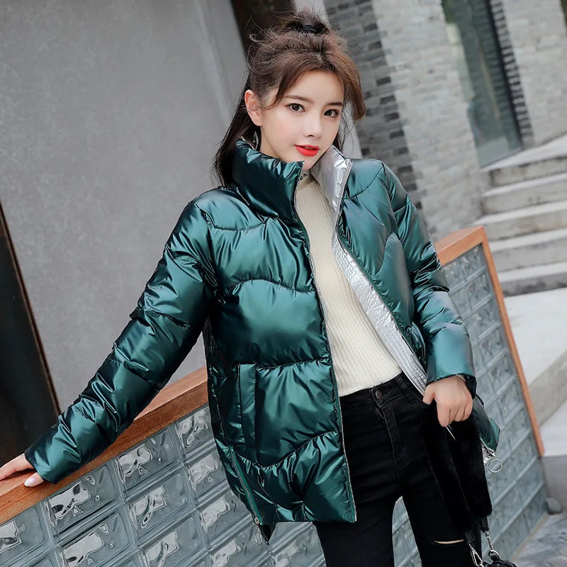 Glossy Down Women's Cotton Jacket Winter Slim Fit Stand Collar Parka Jacket Woman Casual Zipper Up Thick Warm Parkas Mujer