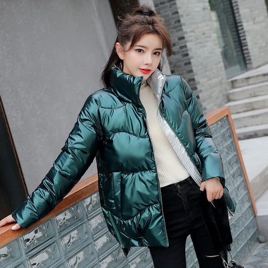 Glossy Down Women's Cotton Jacket Winter Slim Fit Stand Collar Parka Jacket Woman Casual Zipper Up Thick Warm Parkas Mujer
