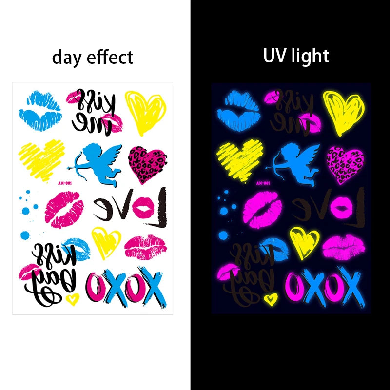 Luminous Temporary Tattoos Stickers Fluorescent Neon In Dark Illuminate Tattoo Elephant/Love Heart Shoulder Tattoo Party Sticker