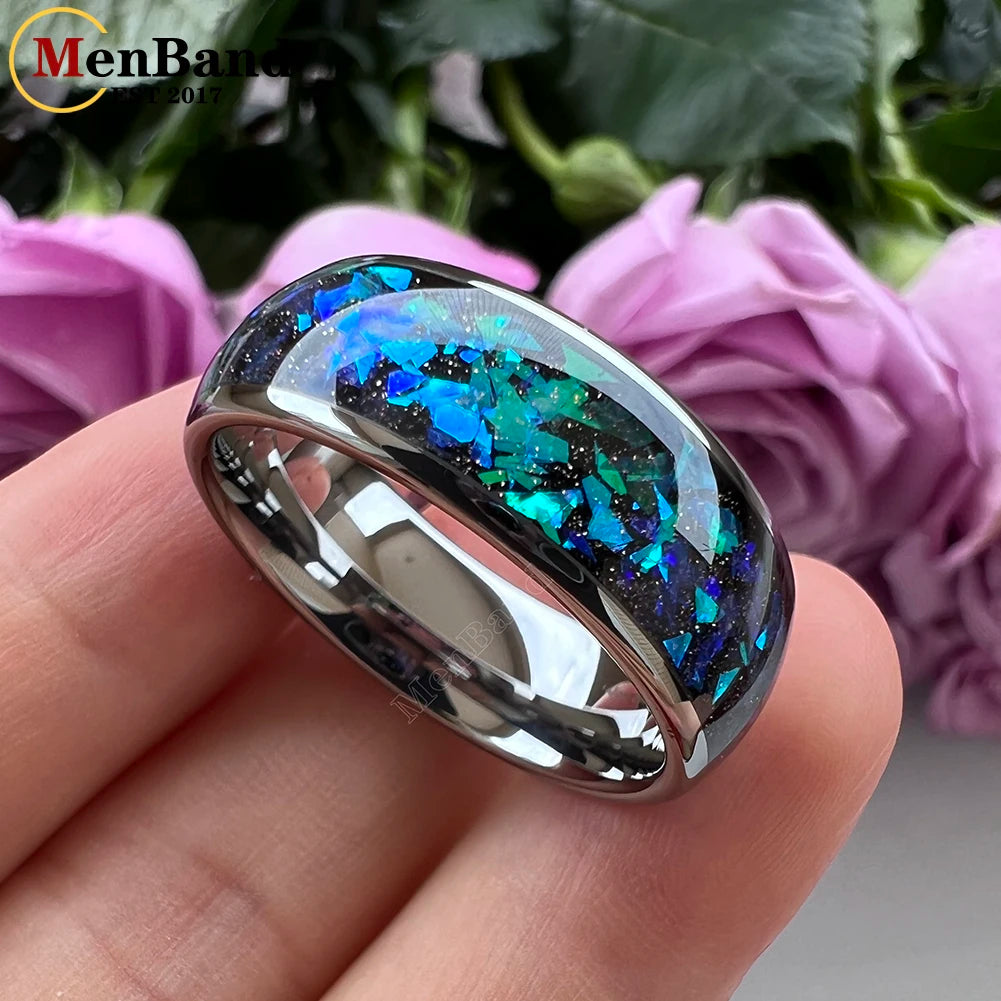 MenBand Fashion New Arrivals 8MM Tungsten Wedding Band Ring Middle Groove Inlaid With Blue Opal Domed Polished Comfort Fit