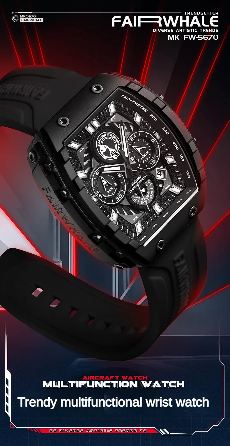 Fashion White Watches For Men Sport Silicone Strap Dive Luminous Quartz Watch Tonneau Shape Resin Case Multifunctional Clock New