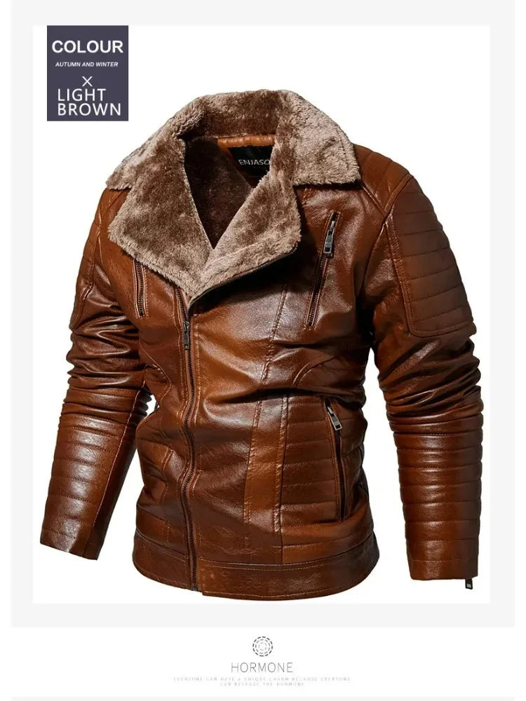 Fashion Warm Winter Mens PU Leather Jacket With Fur Collar Thicken Fleece Motorcycle Coat Casual Faux Leather Locomotive Jacket