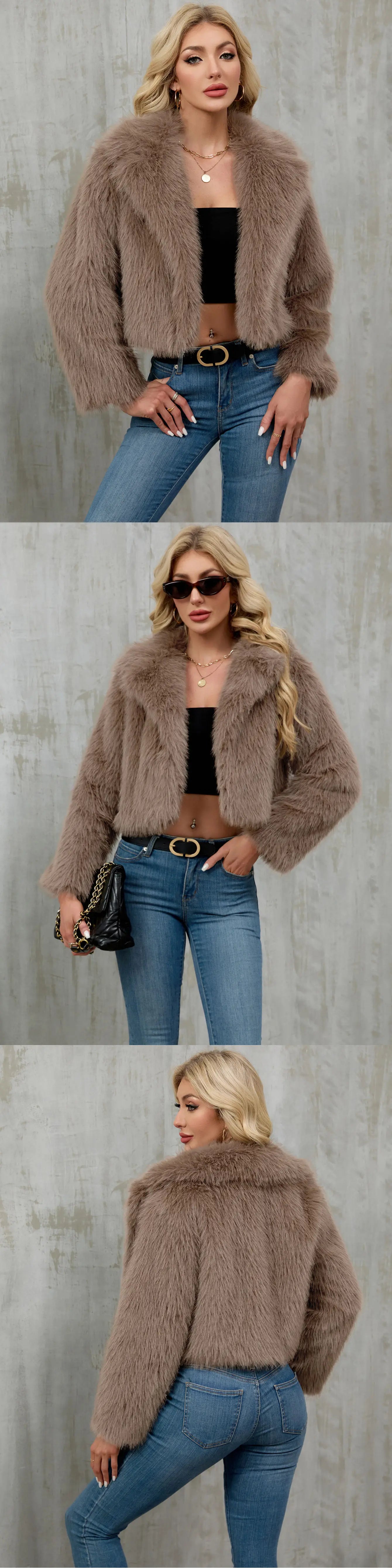 2025 Female Winter Brown Faux Fur Coat For Women Casual Long Sleeve Fluffy Plush Jacket Lady Solid Thick Fake Fur Warm Cardigan