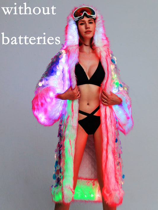 Elegant Directional Faux Fur Coat LED Pink Sequin Patchwork Coat Stylish Personality Clothing Suitable For Holiday Women's  Coat