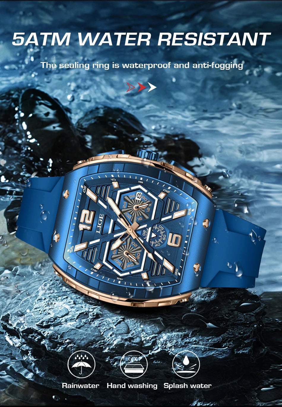 LIGE New Strong Luminous Watch For Men Fashion Military Square Watch Men Sport Chronograph Waterproof Watches Reloj Hombre+BOX