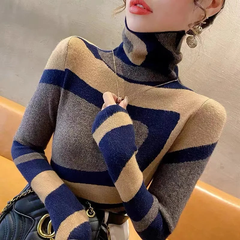 Women Clothing Fashion All-match Slim Knit Pullovers Autumn Winter Elegant Chic Geometric Patchwork Sweaters Office Lady Y2k Top