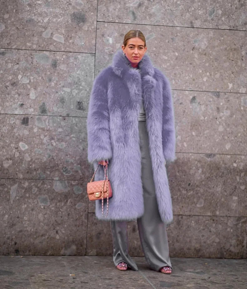 Women  Thick Faux Fur Jacket Colorblock Autumn Winter Maxi Coat Long Warm Luxury Fur  Outerwear