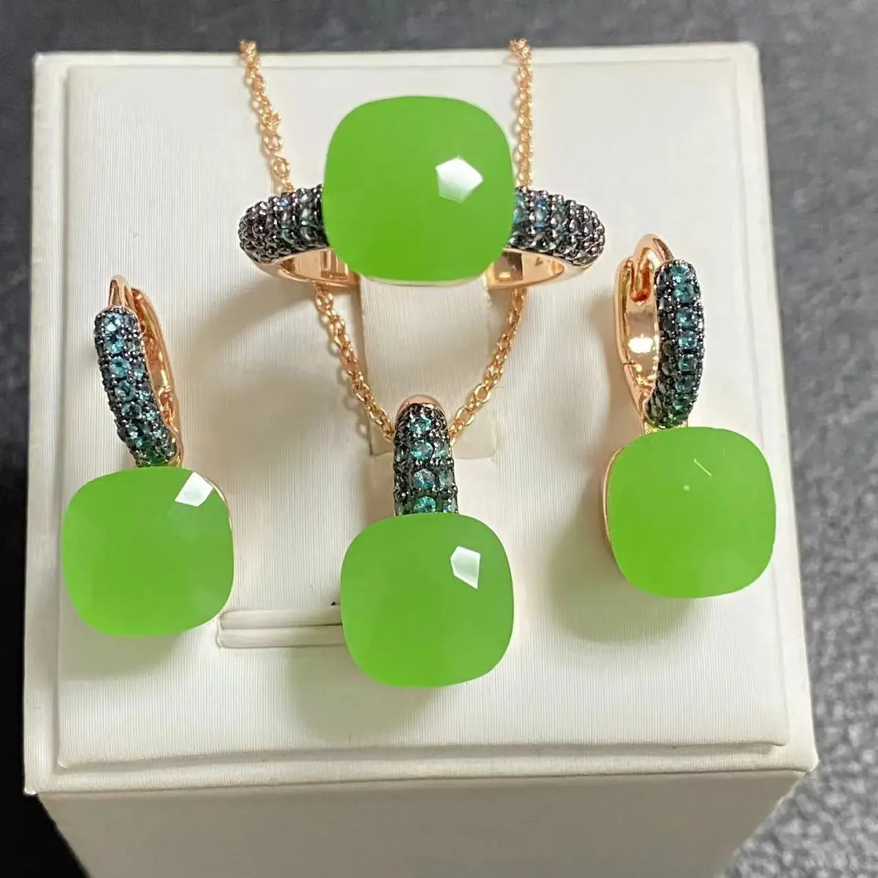 3Pcs Gun Black Plated Blue Zircon Jewelry Set for Women Includes Ring Earrings Necklace Elegant Crystal Blue Topaz Matching Gift