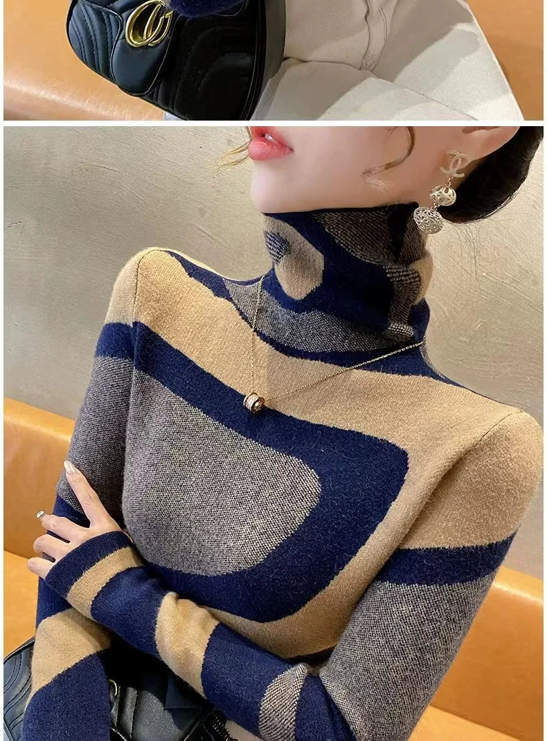Women Clothing Fashion All-match Slim Knit Pullovers Autumn Winter Elegant Chic Geometric Patchwork Sweaters Office Lady Y2k Top