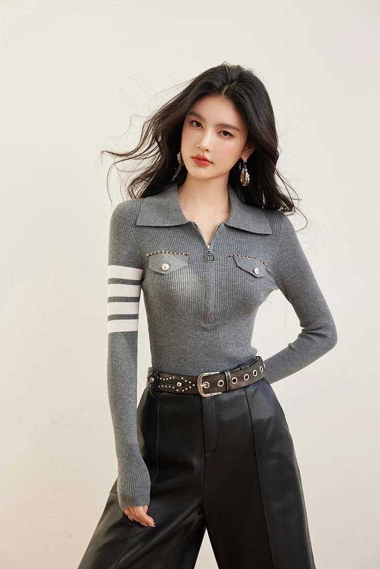 H Han Queen Spring Autumn Zipper Tops Slim Knitted Bottom Shirt Women's Sweater Striped  Casual Knitted Pullover Sweater