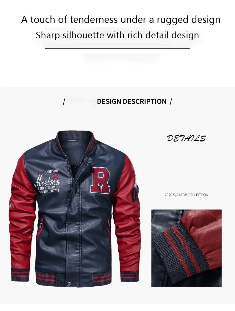 Men's American Leather Baseball Jacket Casual Color Block PU Pilot Coat Spring Autumn Leather Jacket Motorcycle Suit Jackets Men