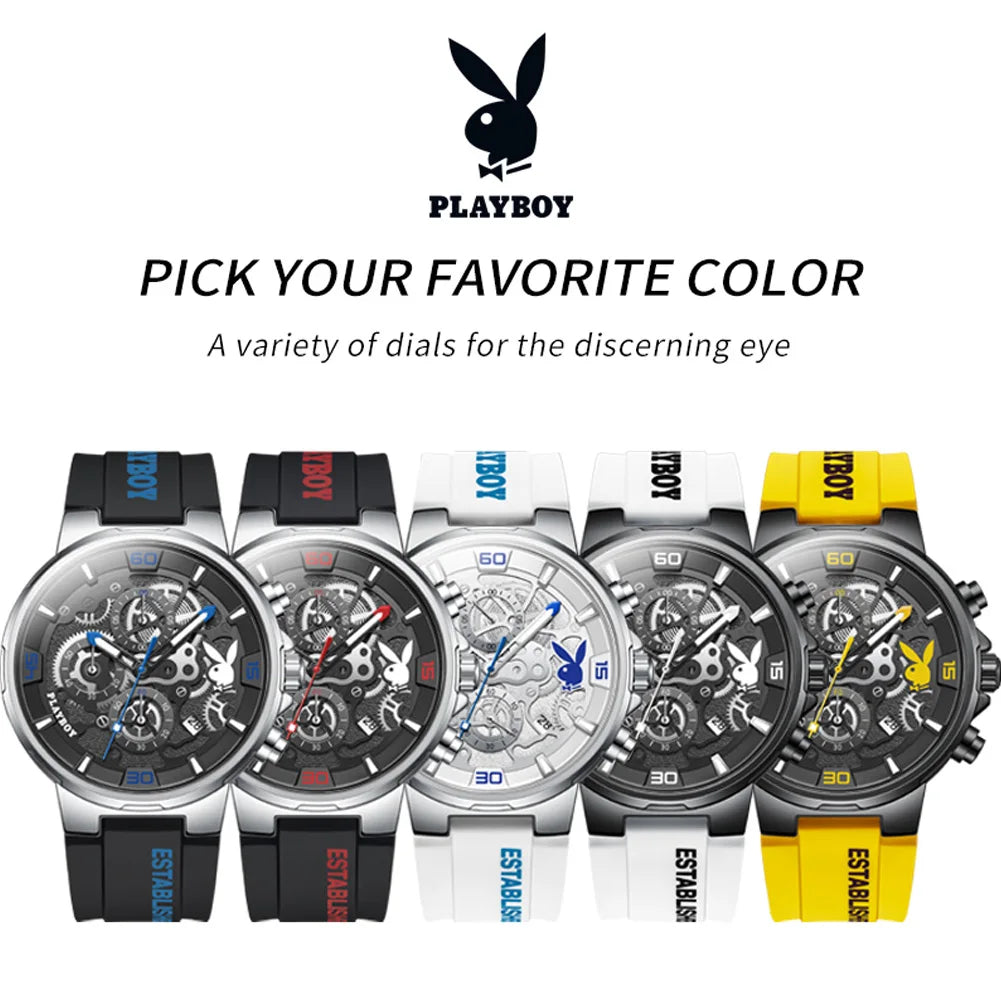 PLAYBOY Top Brand Trend Quartz Watch for Men Original Silicone Strap Men's Watches Waterproof Calendar Multifunction Male Watch