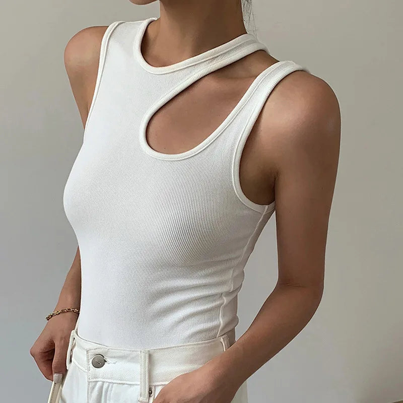 Casual y2k White Cut Out Women's T Shirt Sleeveless Slim T Shirts Female Clothing 2024 Summer Fashion crop top women camisetas