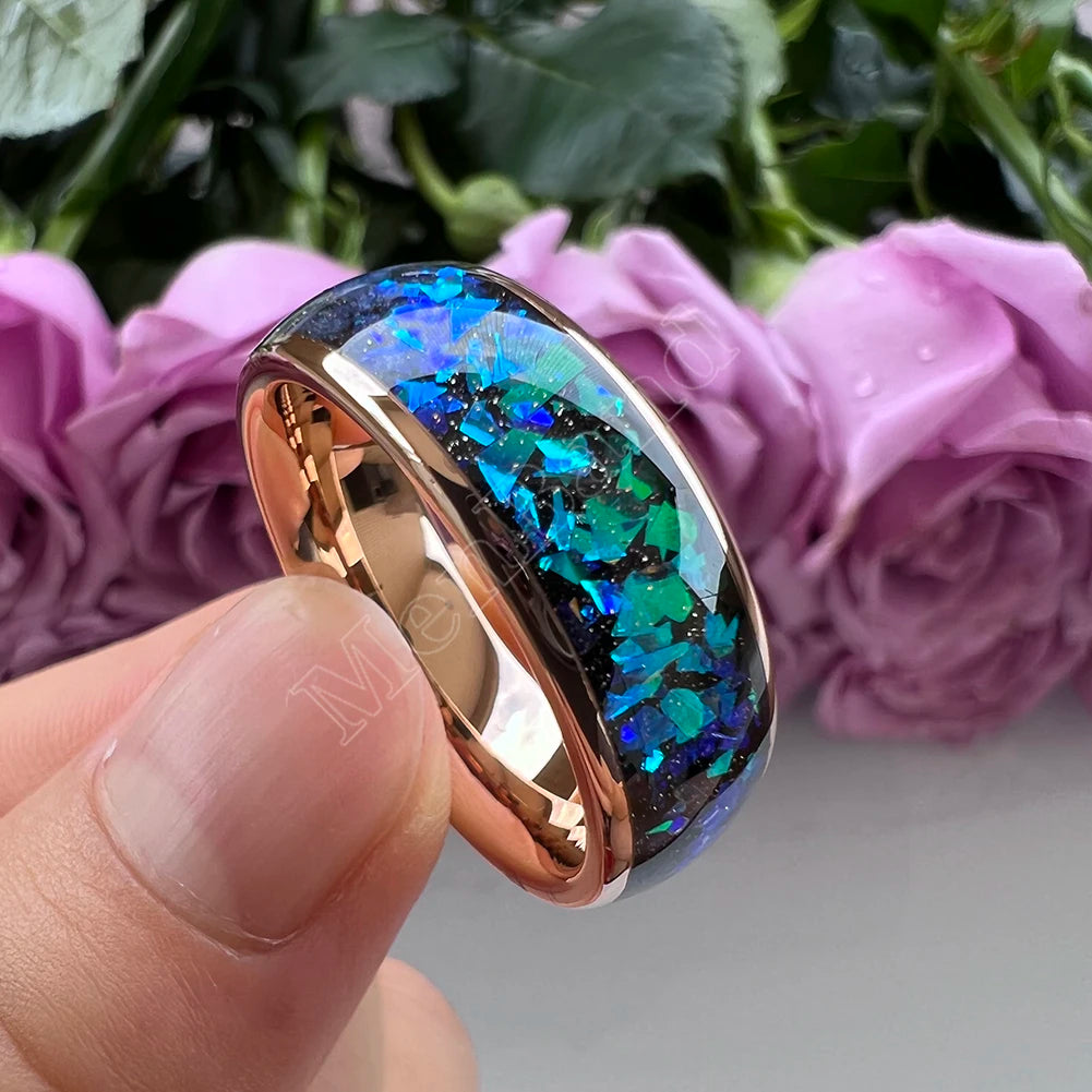 MenBand Fashion New Arrivals 8MM Tungsten Wedding Band Ring Middle Groove Inlaid With Blue Opal Domed Polished Comfort Fit