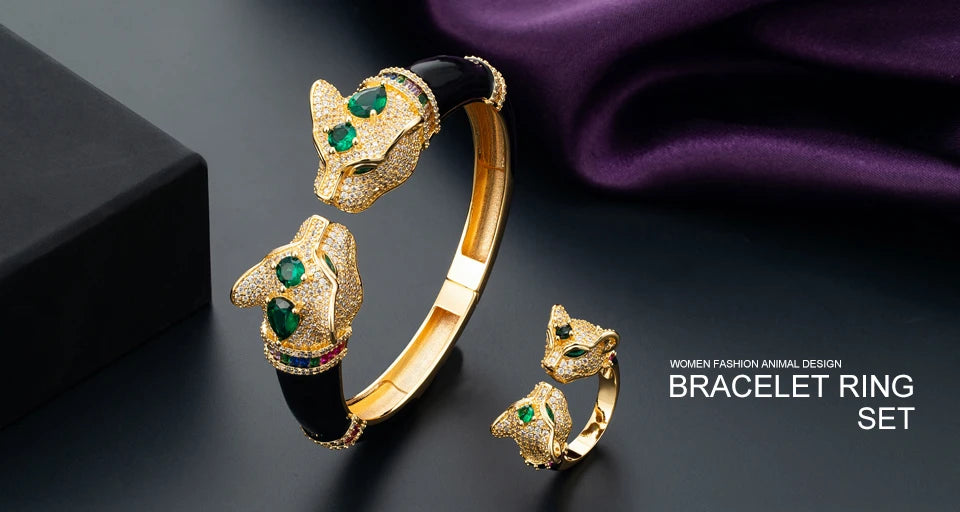 Ms High Quality Jet Leopard Animal Fashion Bangle Wtih Ring Women‘s Bridal Jewelry set Fine AAA Cubic Zirconia Bangle Bracelet