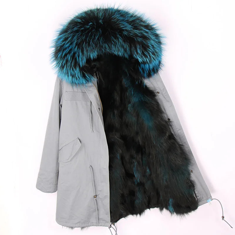 2024 MAOMAOKONG New Real Fur coat Raccoon Collar Detachable Fox fur lining jackets Women's winter Coats parkas Female clothing