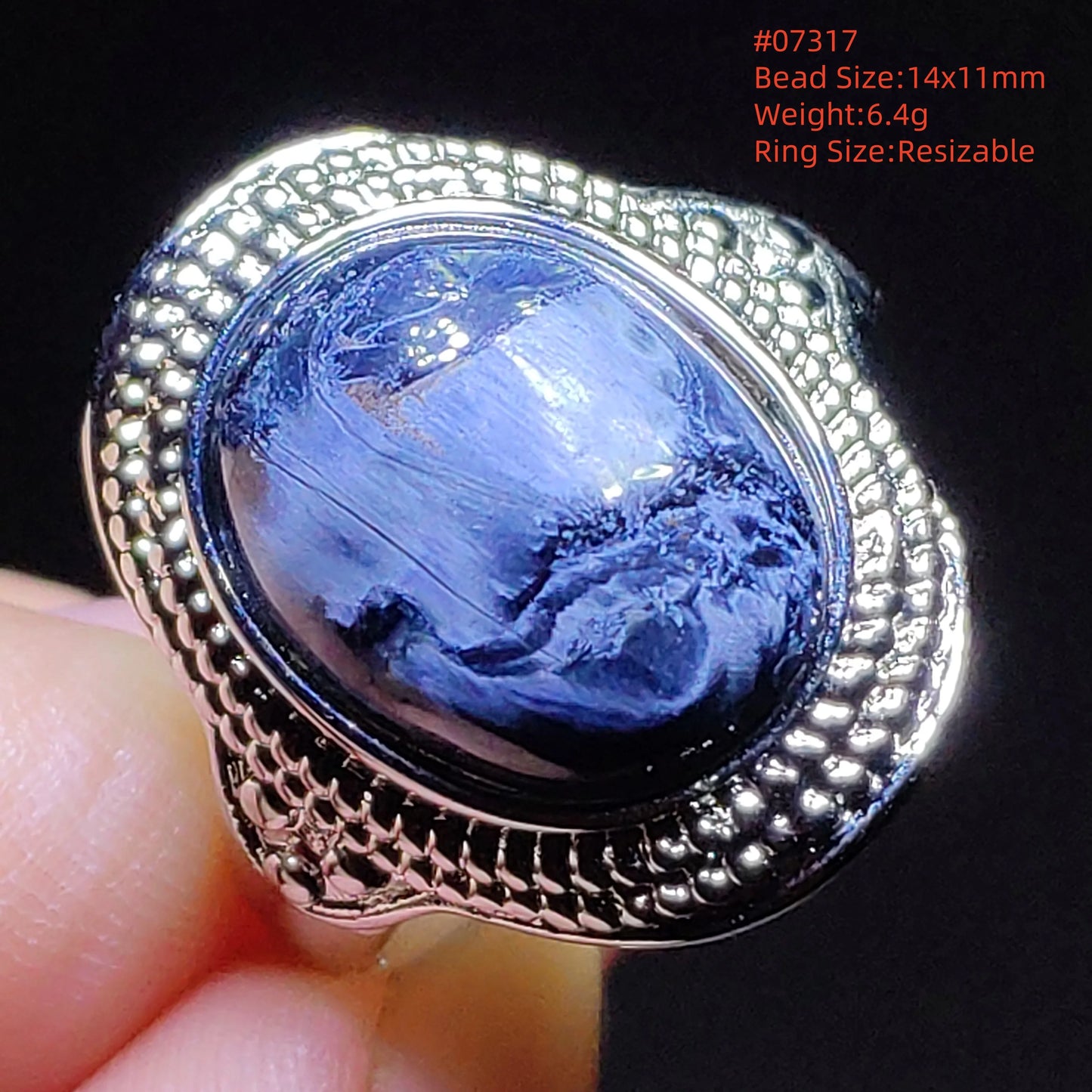 Natural Blue Pietersite Beads Adjustable Ring Woman Men Namibia Pietersite Ring Chatoyant Beads Fashion Silver Jewelry AAAAAA
