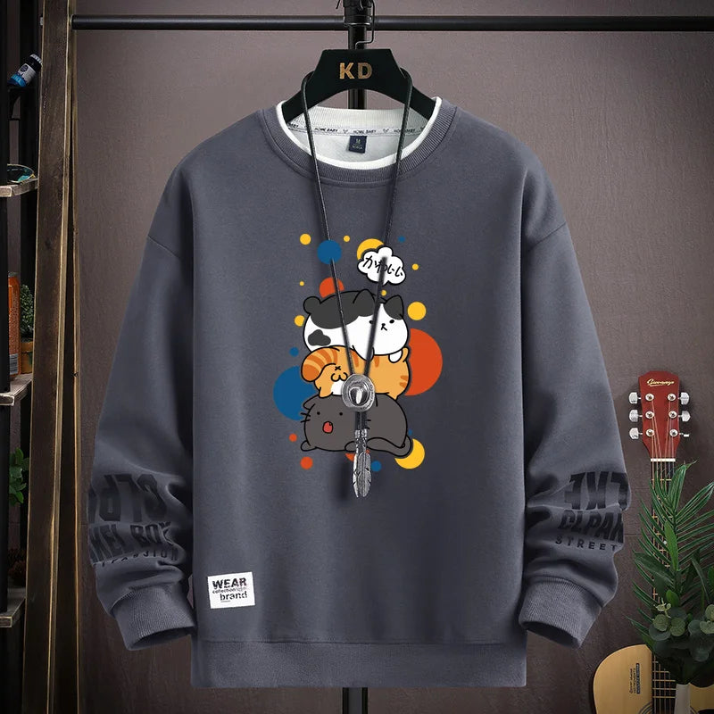 Spring Men's Sweatshirt Japan Cartoon Cats Printed Long Sleeve T-shirt Fashion Men's Clothing Khaki O Neck Harajuku Top 2024 New