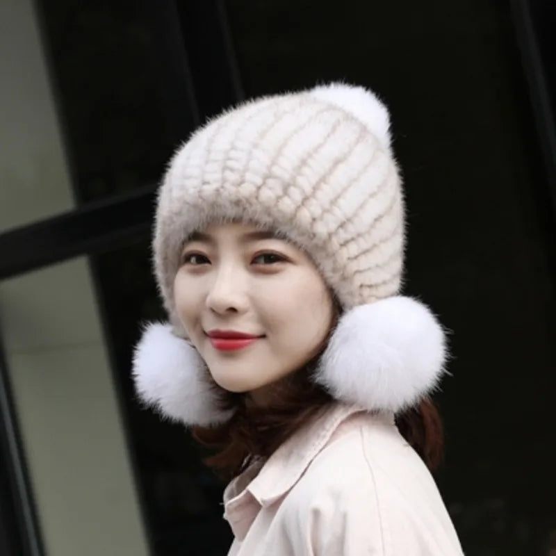 Mink Fur Hat Women Winter Thickened Ear Protection Hat Natural Fur Knitted Caps With Pom Pom Fox Ball Fashion Beanies Fur Hats