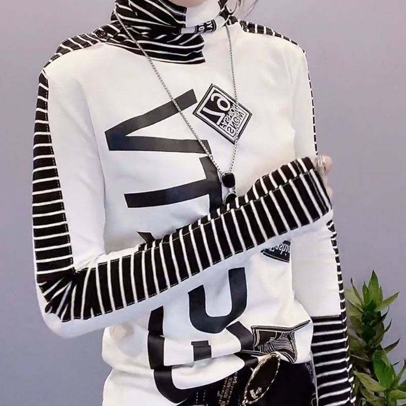 Fashion Printed Spliced Letter Striped Casual Tee Shirt Female Clothing 2025 Autumn Winter All-match Pullovers Korean T-Shirts