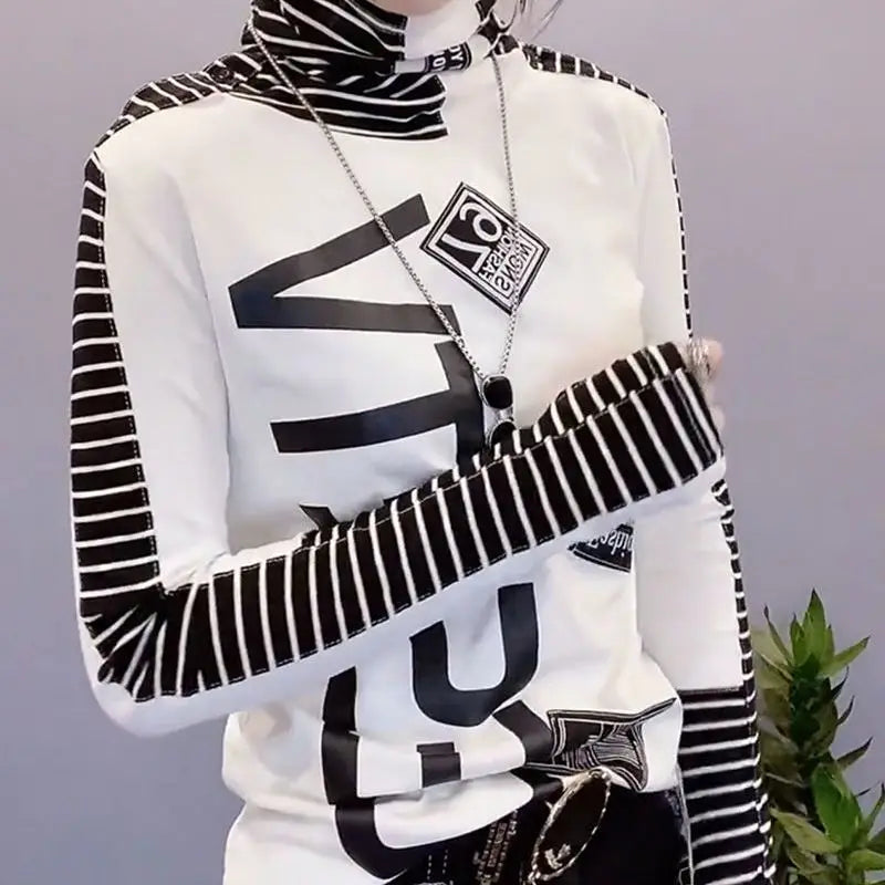 Fashion Printed Spliced Letter Striped Casual Tee Shirt Female Clothing 2025 Autumn Winter All-match Pullovers Korean T-Shirts