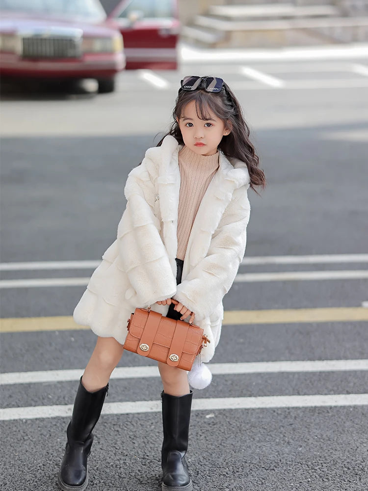 Girls Faux Mink Fur Coat Winter Children Girls Long Sleeve Hooded Christmas Jacket Super Warm  Kids Girls Coat Girls Outerwear