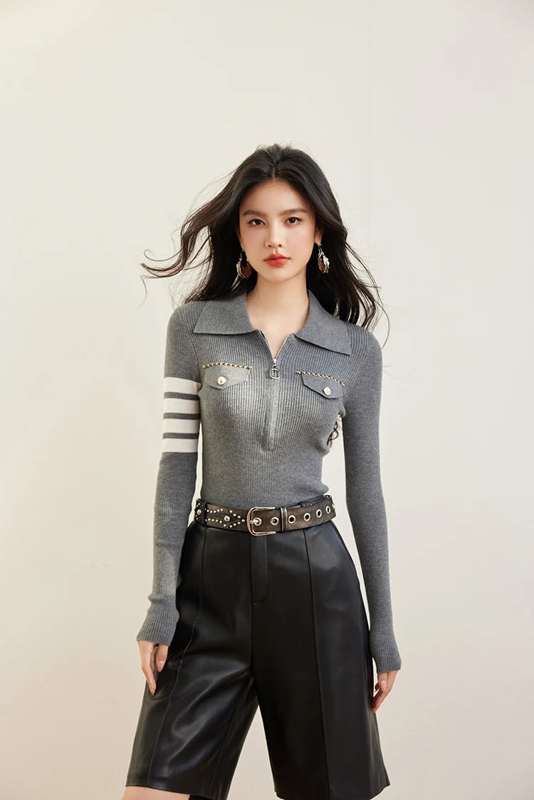 H Han Queen Spring Autumn Zipper Tops Slim Knitted Bottom Shirt Women's Sweater Striped  Casual Knitted Pullover Sweater