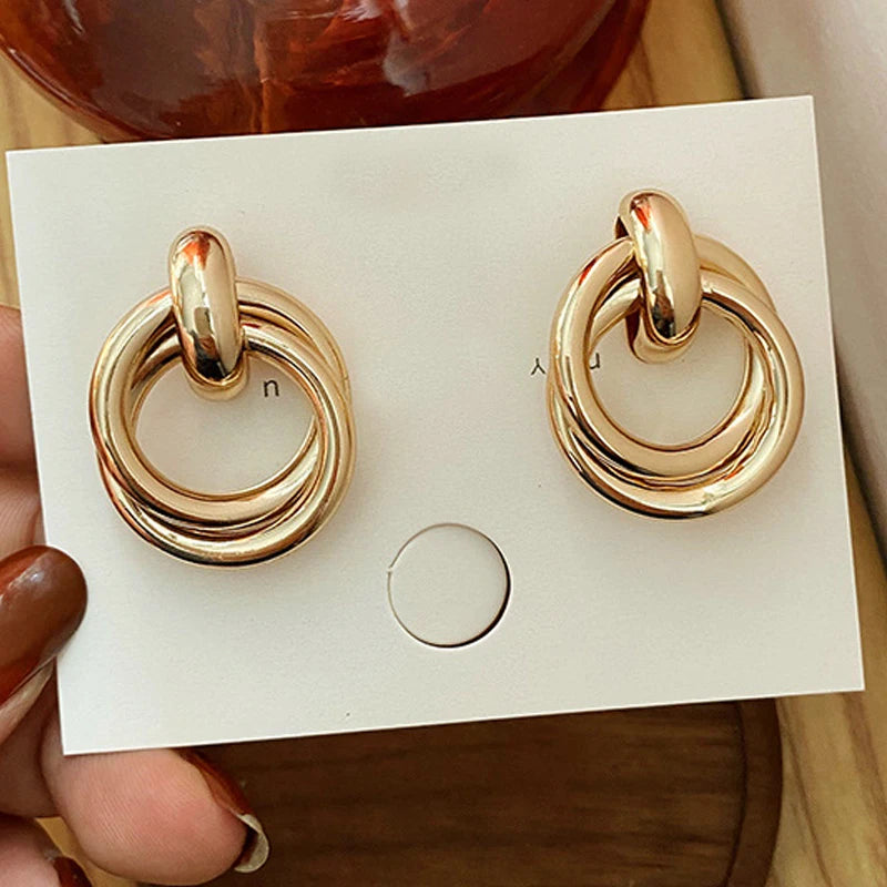 Double Layer Round Circle Dangle Earrings for Women Vintage Simple European Golden Metal Drop Earrings Geometry Jewelry Gift