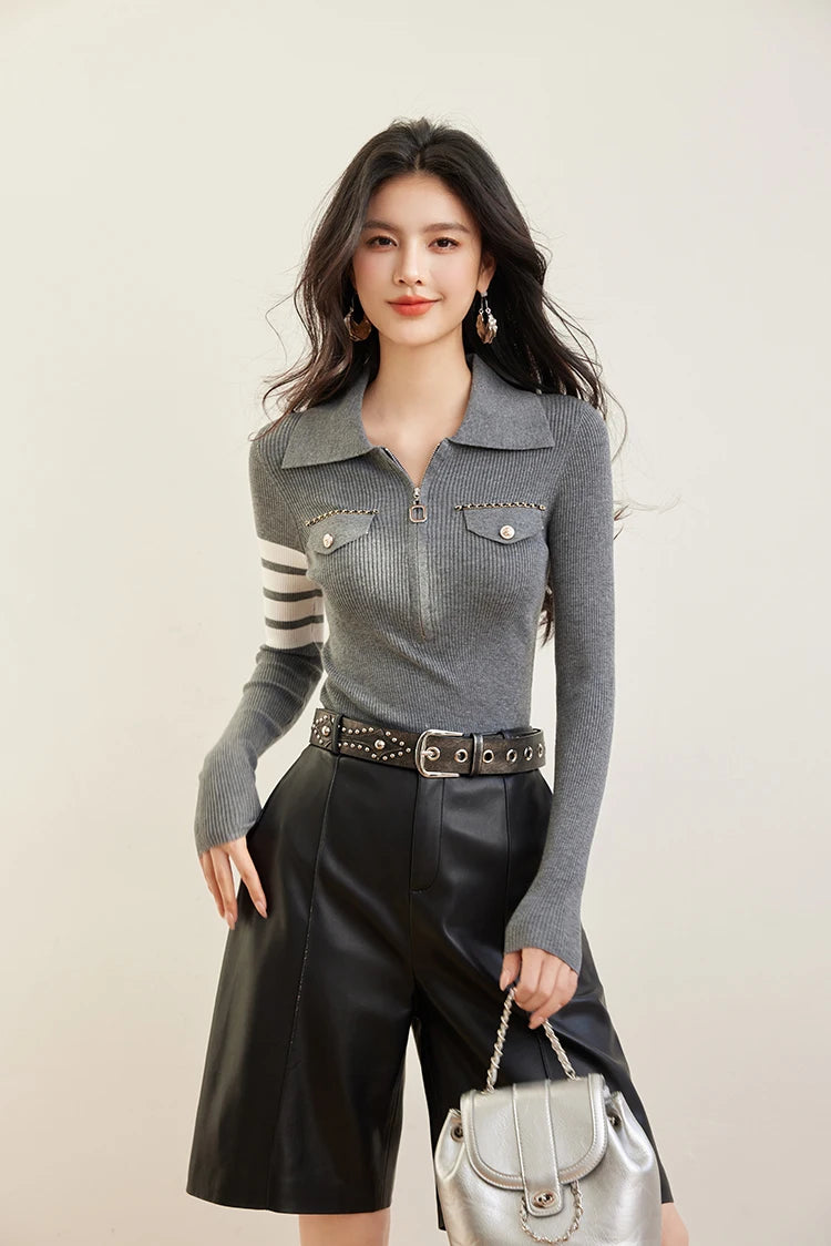 H Han Queen Spring Autumn Zipper Tops Slim Knitted Bottom Shirt Women's Sweater Striped  Casual Knitted Pullover Sweater