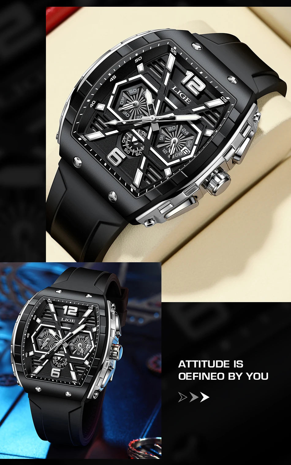 LIGE New Strong Luminous Watch For Men Fashion Military Square Watch Men Sport Chronograph Waterproof Watches Reloj Hombre+BOX