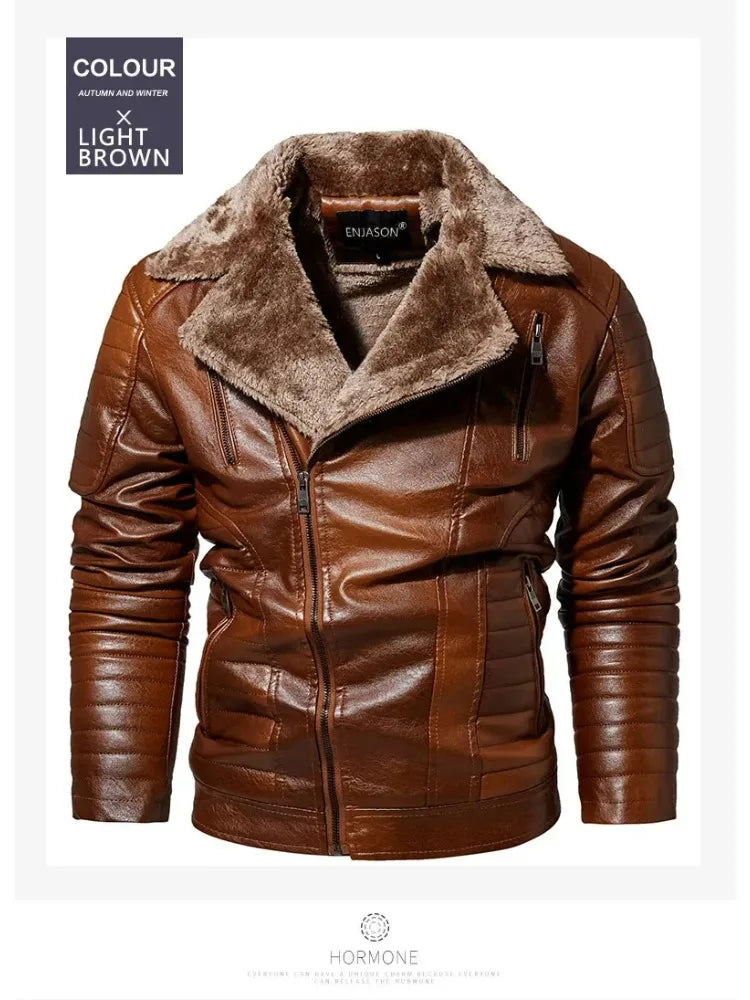 Fashion Warm Winter Mens PU Leather Jacket With Fur Collar Thicken Fleece Motorcycle Coat Casual Faux Leather Locomotive Jacket