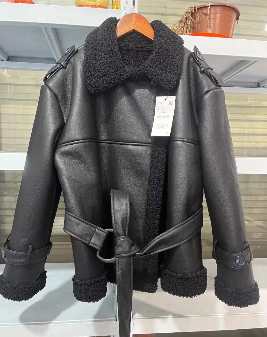 Faux Fur Leather Long Jacket Women Lapel Long Sleeve Belt Thicken Female Coats Winter Fashion Street Patchwork Lady Outwear