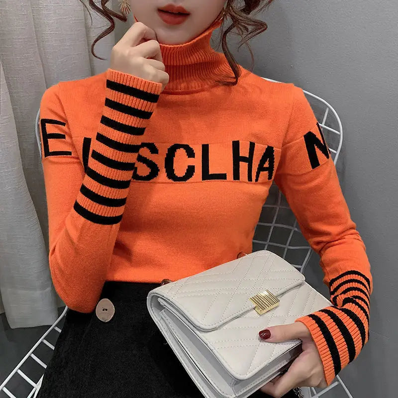 Turtleneck Pullovers Femme Autumn Winter Interior Lapping Fashionable Slim Bottoming Shirt Letter Knitting Sweater Striped Tops