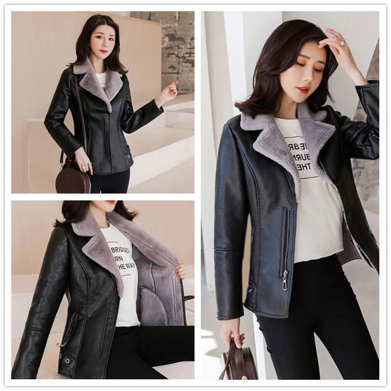2022 New Winter PU Leather Jacket Women Short Blazers Coat Fleece Double-faced Fur Leather Outerwear Lady Slim Suit Tops Jackets