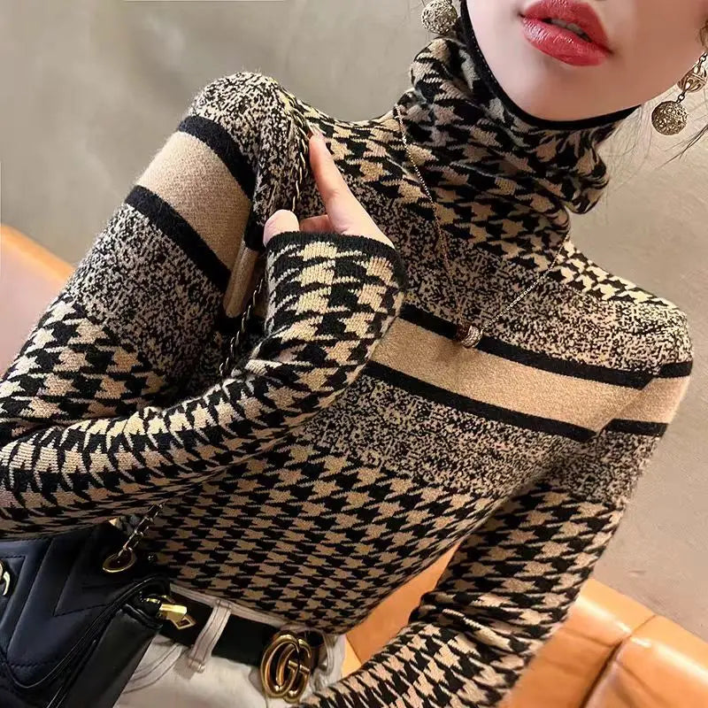 Autumn Winter Vintage Fashion Slim Turtleneck Turtleneck Women Clothing Elegant Chic Long Sleeve Knit Pullovers Lady Sweet Tops