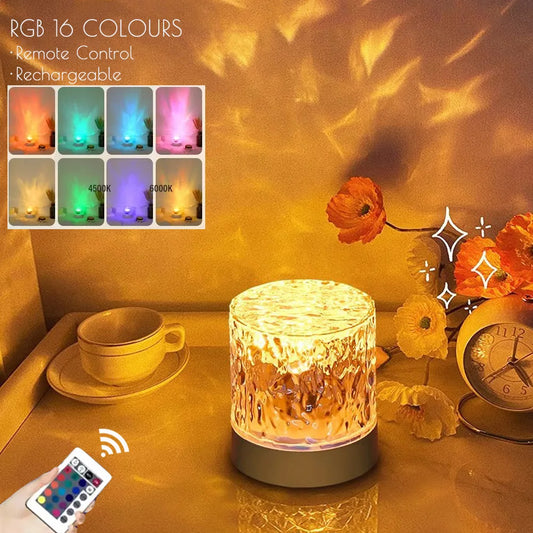 Rechargeable 16 Color LED Water Ripple Projector Night Light Remote Control Bedroom Ambient Lamp RGB Dimmable Crystal Table Lamp