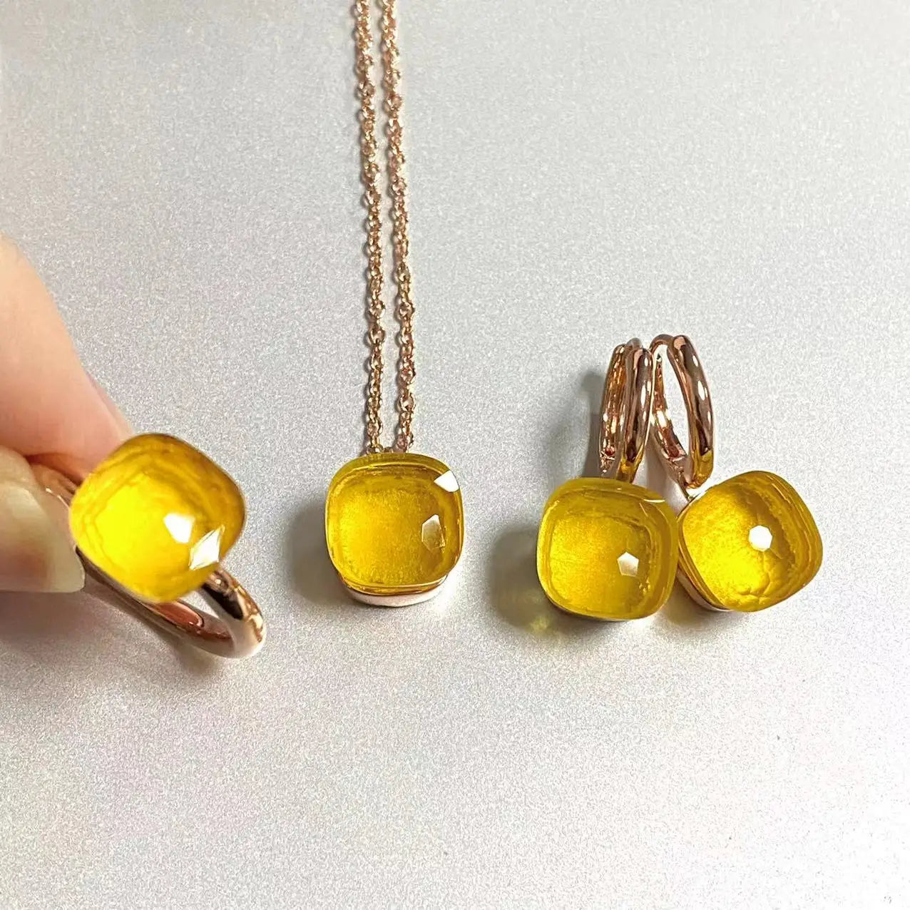 3Pcs/Set Women Ring Earrings Necklace Jewelry Set 34Colors Pink Crystal Jewelry Set Rose Gold Plated Jewelry