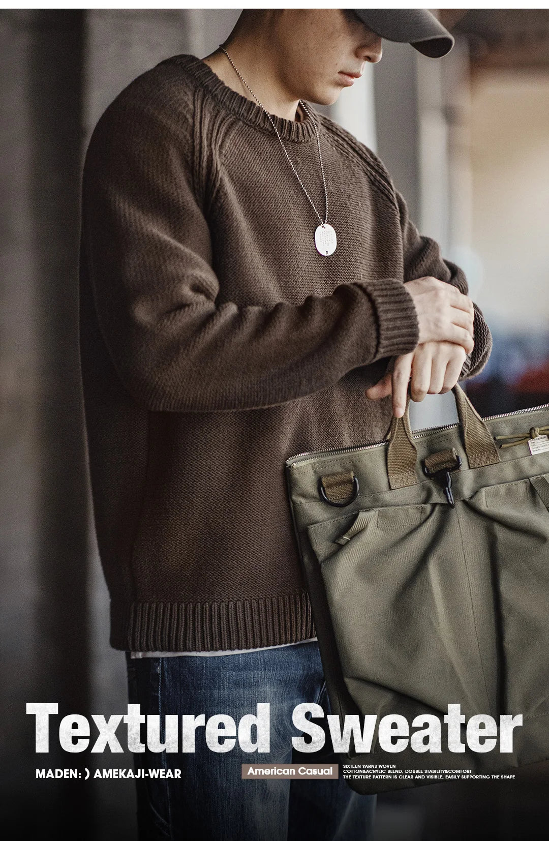 Maden New Vintage Heavyweight Knitted Crew-neck Sweater Brown Warm Pullover Men's Versatile Top for Autumn and Winter Knitwear