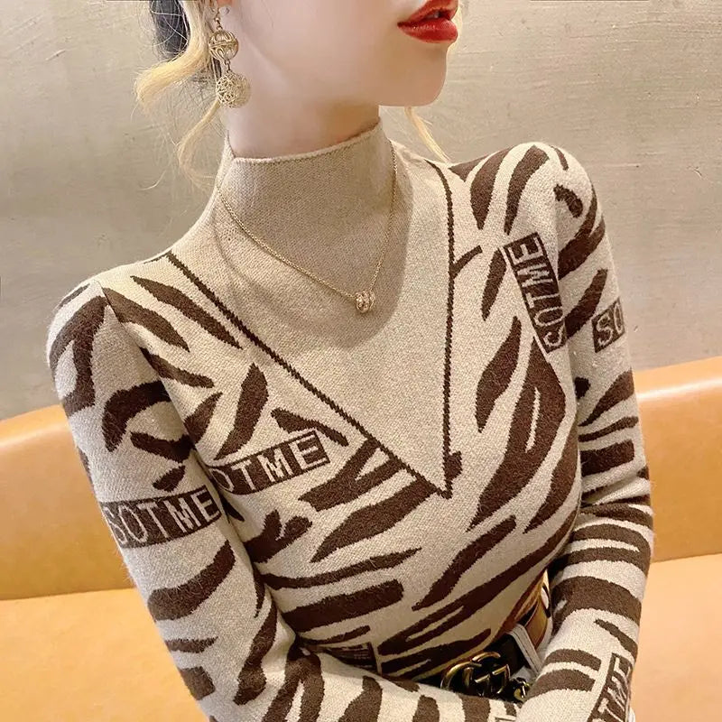 Autumn Office Lady Patchwork Knitting Turtleneck Long Sleeve Pullovers Women Clothes Fashion Letter Slim Top Tee Ladies Sweater