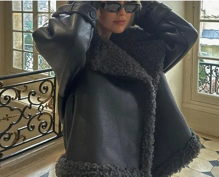 Faux Fur Leather Long Jacket Women Lapel Long Sleeve Belt Thicken Female Coats Winter Fashion Street Patchwork Lady Outwear